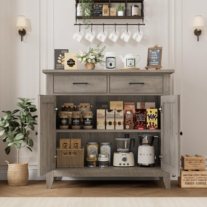 HORSTORS Modern Farmhouse Buffet Cabinet with Storage, Kitchen Sideboard Coffee Bar with 2 Drawers and 2 Doors, Floor Storage Cabinet for Living Room, Dining Room, or Bathroom, Grey