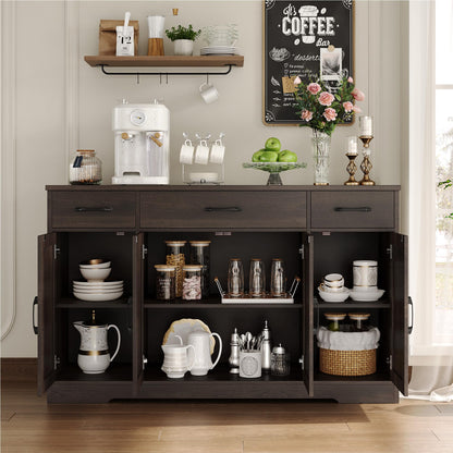 55" Large Buffet Sideboard Cabinet with Drawers, Shelves, and Doors, Modern Farmhouse Coffee Bar Station for Kitchen or Dining Room, Dark Brown