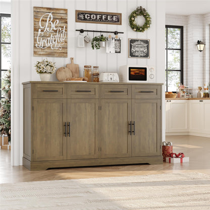 60" Large Buffet Sideboard with 4 Drawers and Storage, 36" Tall Modern Kitchen Cabinet with Black Handles, Rustic Brown