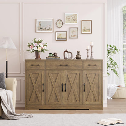 55" Large Buffet Sideboard Cabinet with Drawers, Shelves, and Doors, Modern Farmhouse Coffee Bar Station for Kitchen or Dining Room, Rustic Brown
