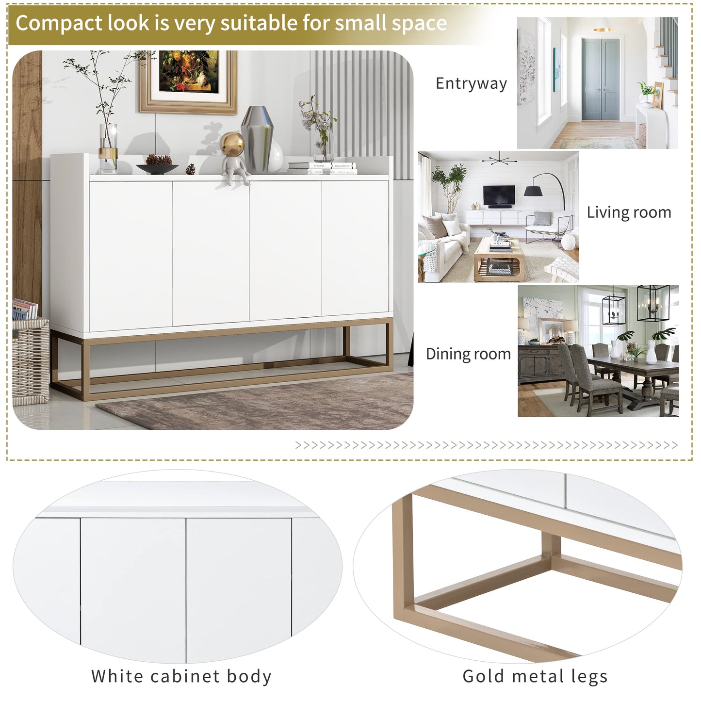 Modern Wood Sideboard Buffet Cabinet with Doors, Adjustable Shelves, and Metal Base, Kitchen Storage for Small Spaces, White