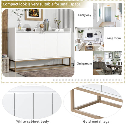 Modern Wood Sideboard Buffet Cabinet with Doors, Adjustable Shelves, and Metal Base, Kitchen Storage for Small Spaces, White