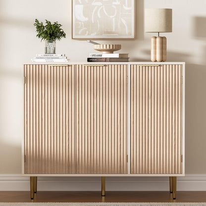 Fluted Sideboard Buffet with 3 Doors and Adjustable Shelves, Modern Kitchen Storage Cabinet with Gold Handles, Coffee Bar for Living Room or Kitchen, Oak