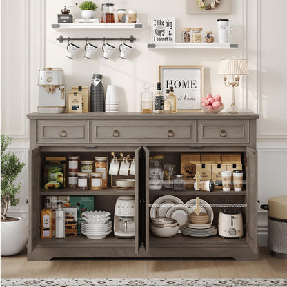FINETONES 52.7" Large Buffet Cabinet with Storage, Modern Sideboard with 3 Drawers and 4 Doors, Wooden Coffee Bar Cabinet for Kitchen, Dining Room, Living Room, or Home Office, Ash Grey