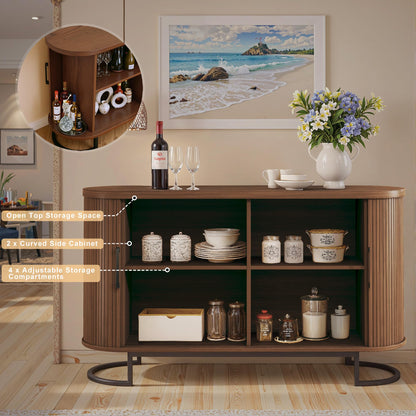 **54.3" Sideboard Buffet Cabinet with Storage, Sliding Door & Adjustable Shelf, Mid-Century Modern Coffee Bar Console Table for Kitchen and Entryway, Walnut**