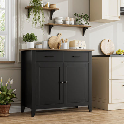 HORSTORS Modern Farmhouse Buffet Cabinet with Storage, Kitchen Sideboard Coffee Bar with 2 Drawers and 2 Doors, Floor Storage Cabinet for Living Room, Dining Room, or Bathroom, Black/Rustic Brown