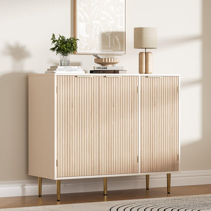 Fluted Sideboard Buffet with 3 Doors and Adjustable Shelves, Modern Kitchen Storage Cabinet with Gold Handles, Coffee Bar for Living Room or Kitchen, Oak