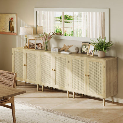 **Huuger Buffet Cabinet with Storage, PE Rattan Decor Doors, Solid Wood Feet Accent Sideboard for Hallway, Entryway, or Living Room, Natural**