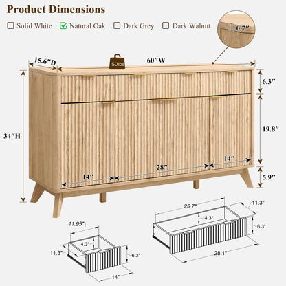**T4TREAM 60" Fluted Modern Buffet Sideboard Cabinet with Storage, Large Buffet Table with 3 Drawers & 4 Doors for Dining Room, Living Room, or Hallway, Natural Oak**