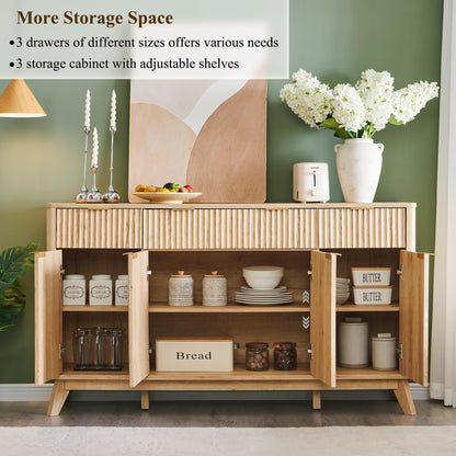 **T4TREAM 60" Fluted Modern Buffet Sideboard Cabinet with Storage, Large Buffet Table with 3 Drawers & 4 Doors for Dining Room, Living Room, or Hallway, Natural Oak**