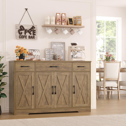 55" Large Buffet Sideboard Cabinet with Drawers, Shelves, and Doors, Modern Farmhouse Coffee Bar Station for Kitchen or Dining Room, Rustic Brown