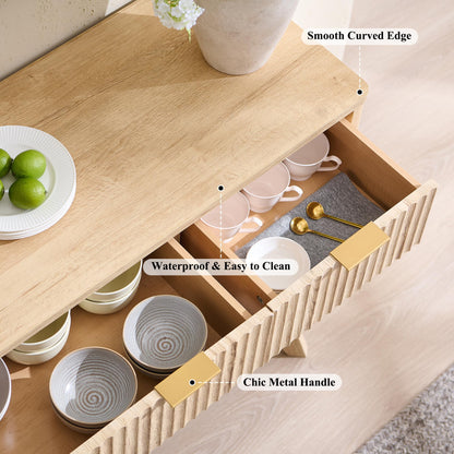 **T4TREAM 60" Fluted Modern Buffet Sideboard Cabinet with Storage, Large Buffet Table with 3 Drawers & 4 Doors for Dining Room, Living Room, or Hallway, Natural Oak**