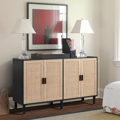 4-Door Sideboard Buffet Cabinet with Rattan Doors, Boho Kitchen Storage Console Table and Liquor Bar Cabinet, 62.3" x 15.7" x 34.6", Black