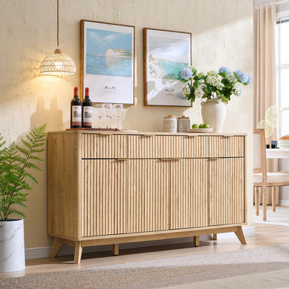 **T4TREAM 60" Fluted Modern Buffet Sideboard Cabinet with Storage, Large Buffet Table with 3 Drawers & 4 Doors for Dining Room, Living Room, or Hallway, Natural Oak**
