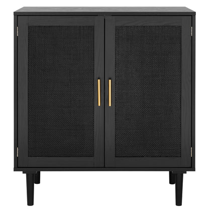 Sideboard Buffet Kitchen Storage Cabinet with Black Painted Rattan Doors, Modern Console Table Cupboard for Dining Room, Hallway, or Living Room, 31.5" x 15.8" x 34.6", Black