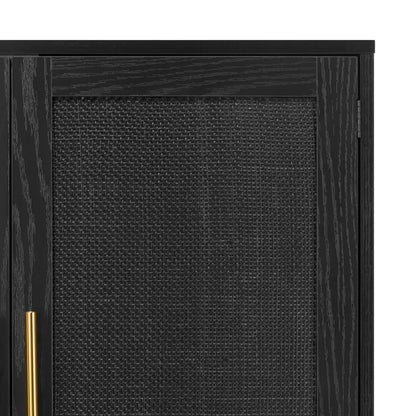 4-Door Sideboard Buffet Cabinet with Black Painted Rattan Doors, Boho Kitchen Storage Console Table and Liquor Cabinet, 62.3" x 15.7" x 34.6", Full Black