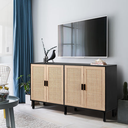 4-Door Sideboard Buffet Cabinet with Rattan Doors, Boho Kitchen Storage Console Table and Liquor Bar Cabinet, 62.3" x 15.7" x 34.6", Black