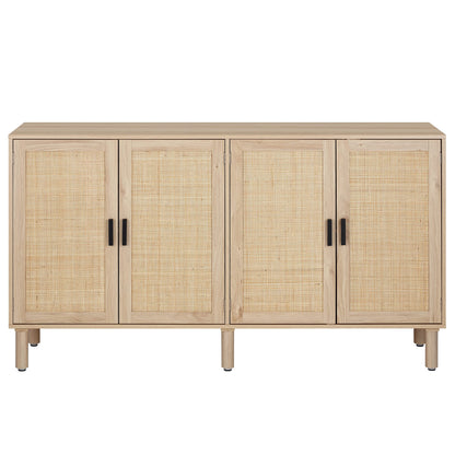 4-Door Sideboard Buffet Cabinet with Rattan Doors, Boho Kitchen Storage Console Table and Liquor Cabinet for Home Bar or Dining Room, 62.3" x 15.7" x 34.6", Natural